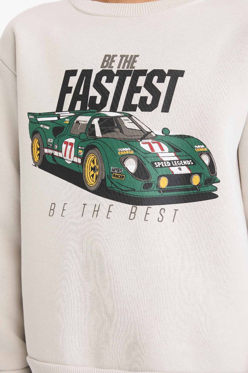 Erkek Çocuk - Genç Erkek Açık Gri Bisiklet Yaka Baskılı İçi Yumuşak Tüylü Sweatshirt Erkek Çocuk