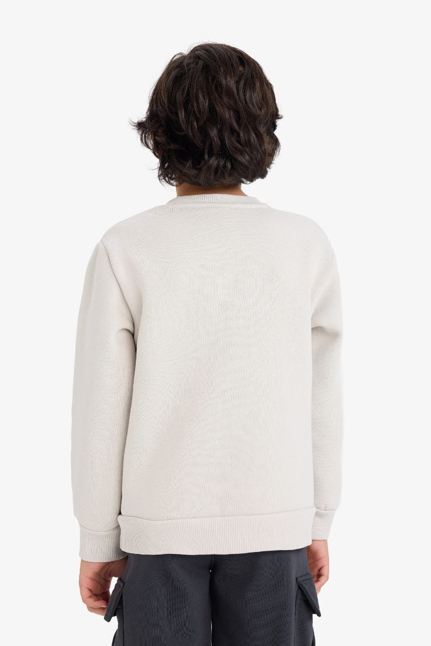 Erkek Çocuk - Genç Erkek Açık Gri Bisiklet Yaka Baskılı İçi Yumuşak Tüylü Sweatshirt Erkek Çocuk