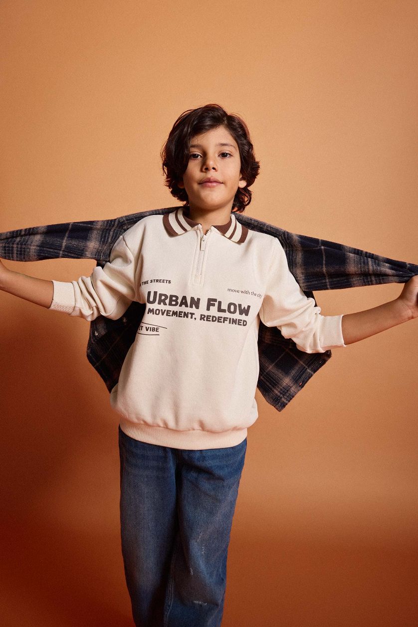 Erkek Çocuk - Genç Erkek Taş Polo Yaka Baskılı İçi Yumuşak Tüylü Sweatshirt Erkek Çocuk