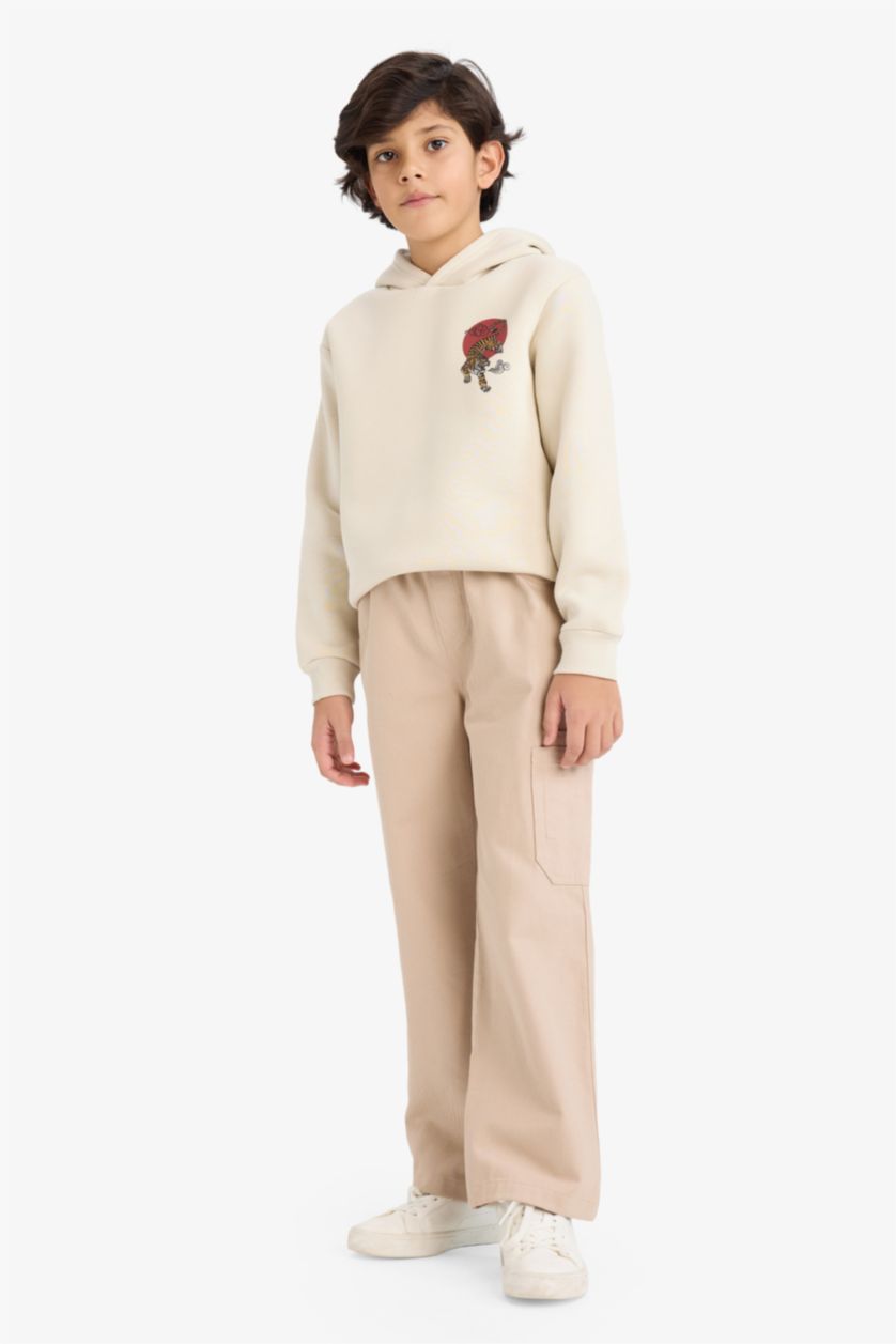 Erkek Çocuk - Genç Erkek Bej Kapüşonlu Sırt Baskılı İçi Yumuşak Tüylü Sweatshirt Erkek Çocuk