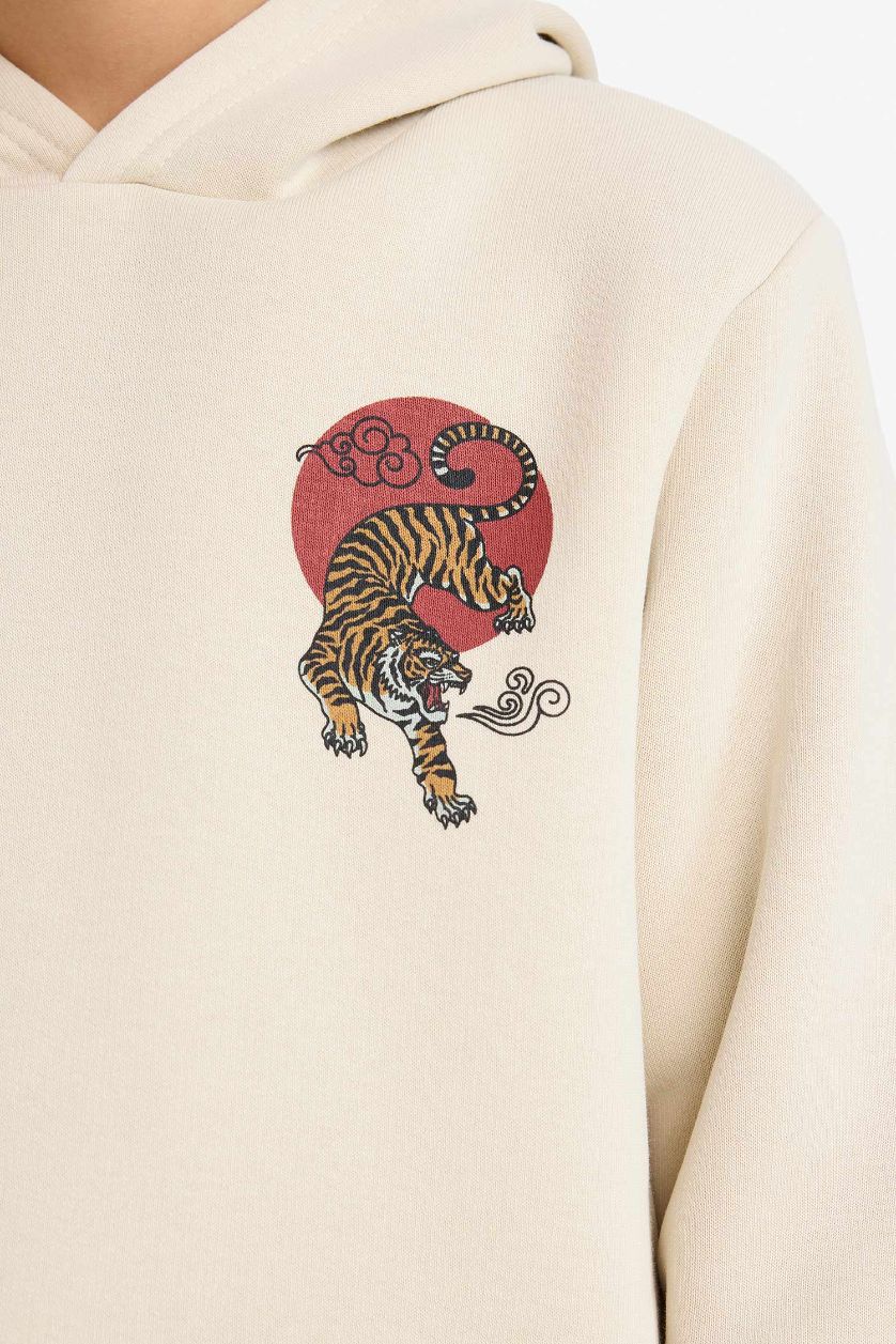 Erkek Çocuk - Genç Erkek Bej Kapüşonlu Sırt Baskılı İçi Yumuşak Tüylü Sweatshirt Erkek Çocuk