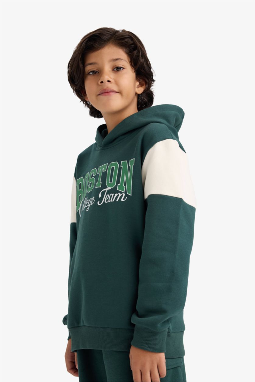 Boys & Teens Dark Green New Regular Fit Printed Hooded Sweatshirt