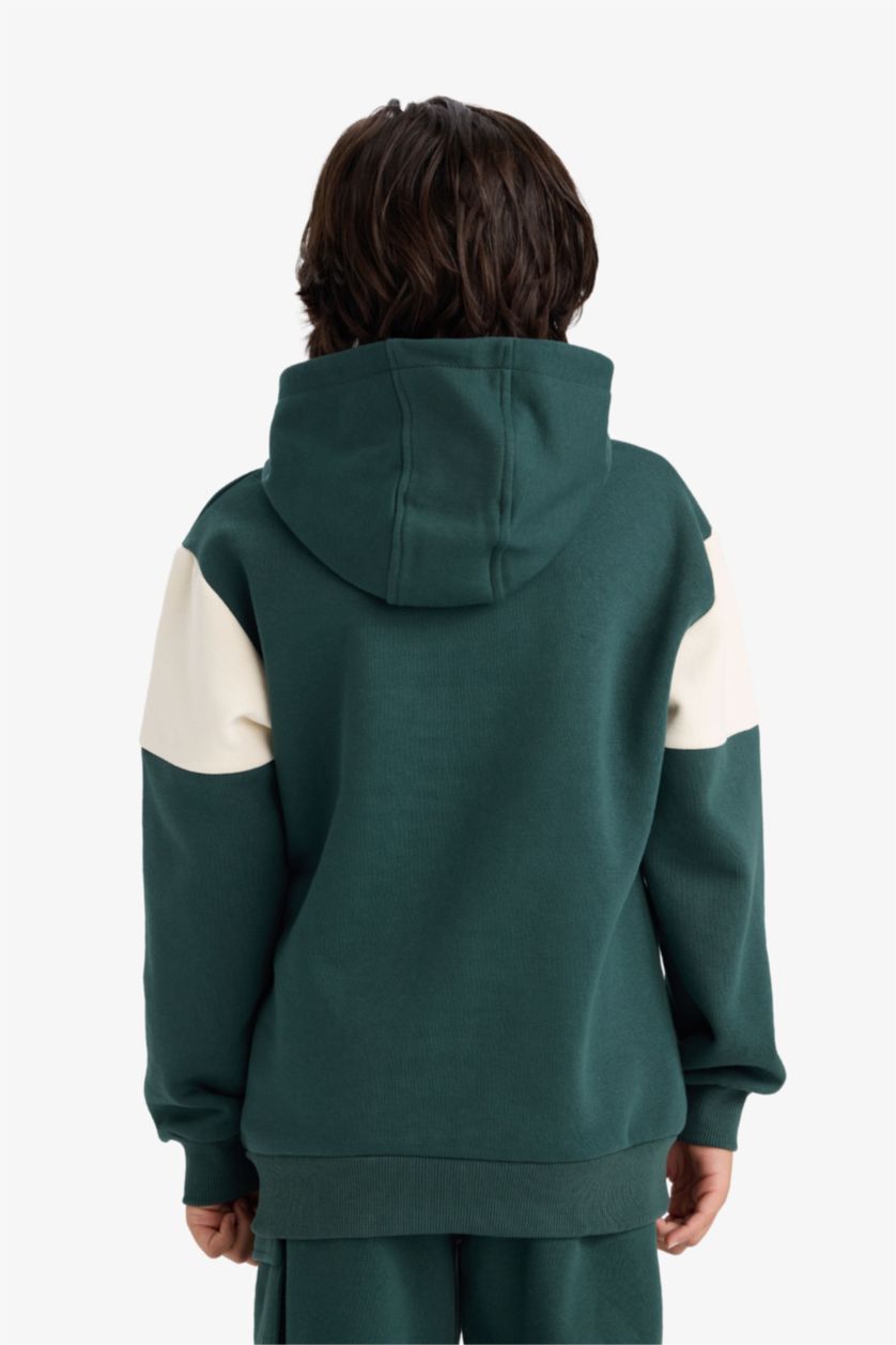Boys & Teens Dark Green New Regular Fit Printed Hooded Sweatshirt