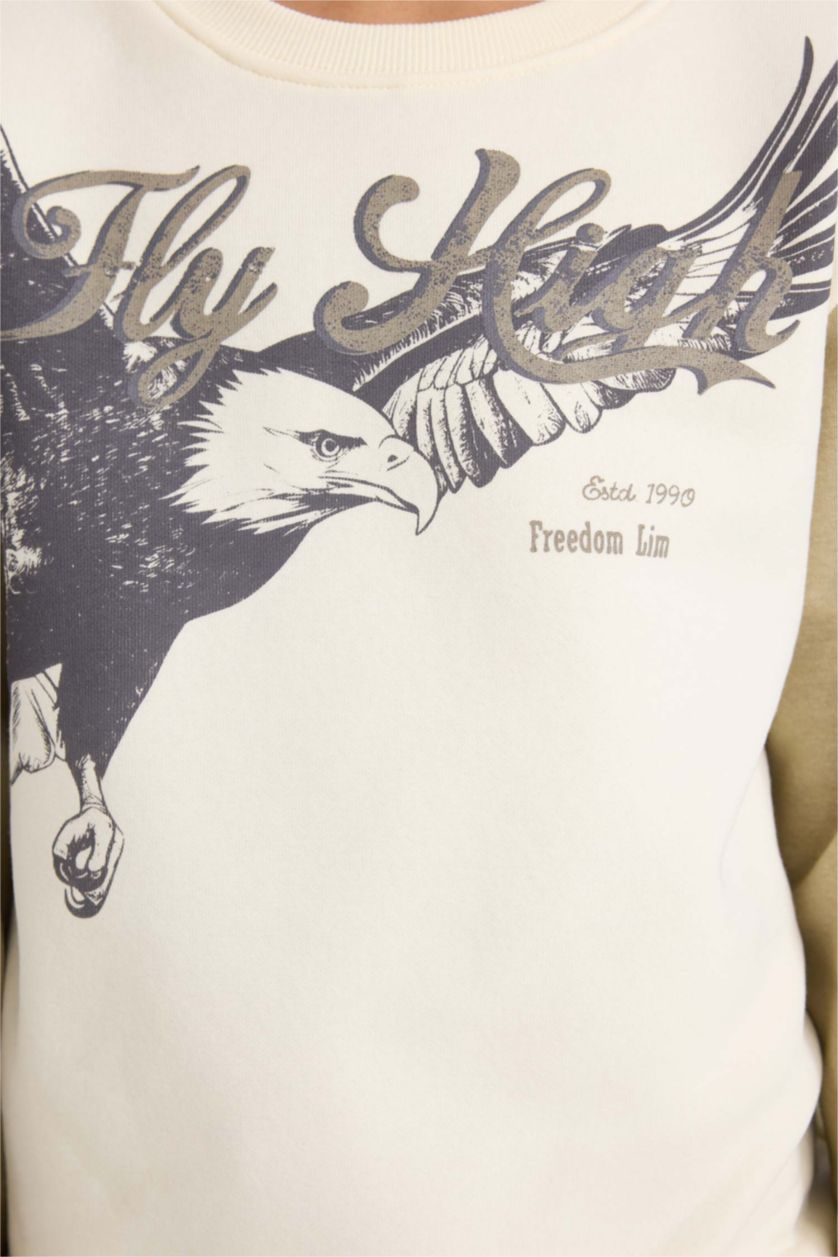 Erkek Çocuk - Genç Erkek Haki Bisiklet Yaka Baskılı İçi Yumuşak Tüylü Sweatshirt Erkek Çocuk