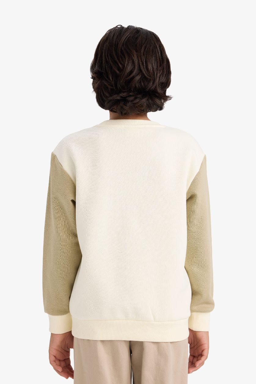 Erkek Çocuk - Genç Erkek Haki Bisiklet Yaka Baskılı İçi Yumuşak Tüylü Sweatshirt Erkek Çocuk