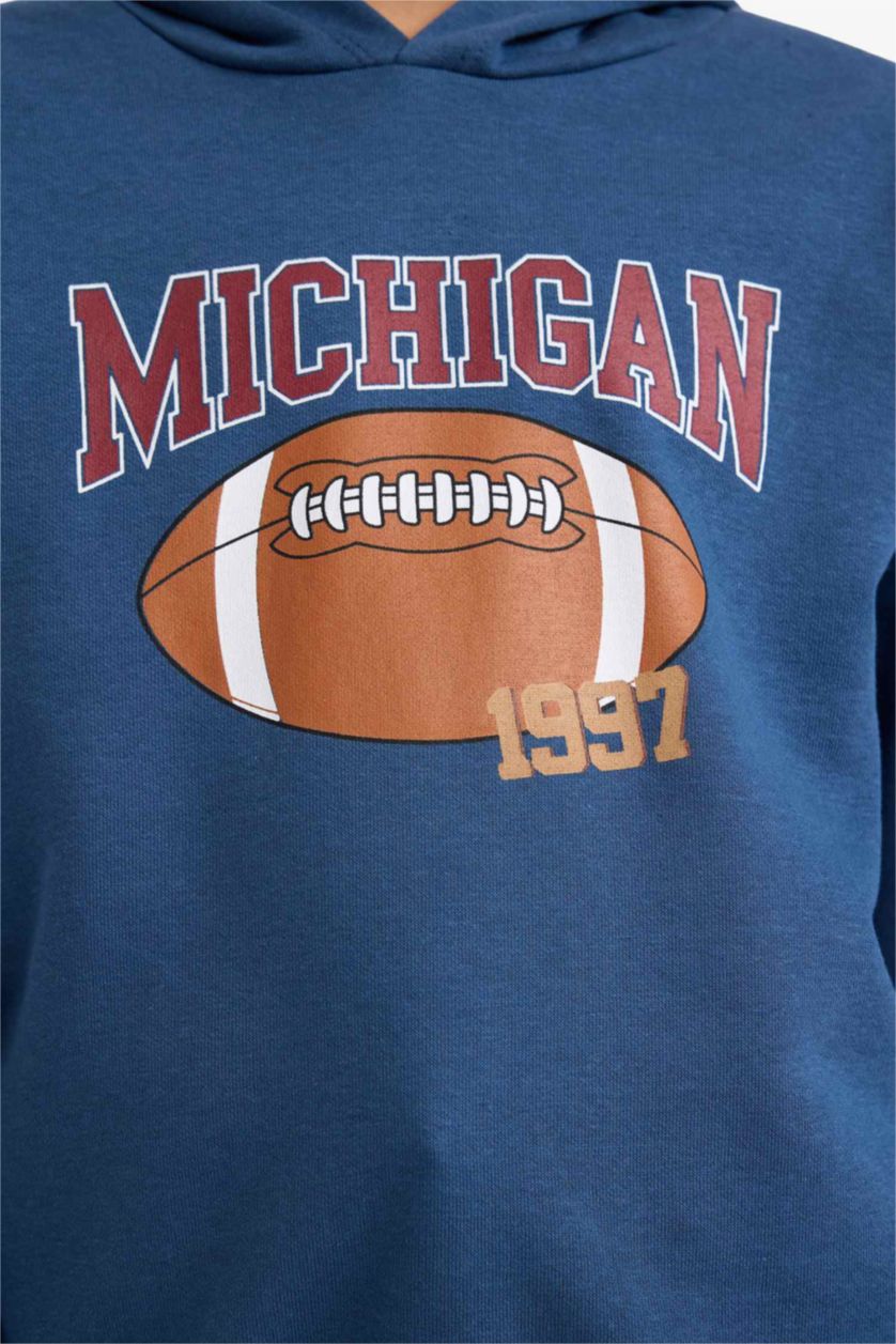 Erkek Çocuk - Genç Erkek İndigo Kapüşonlu Baskılı İçi Yumuşak Tüylü Sweatshirt Erkek Çocuk