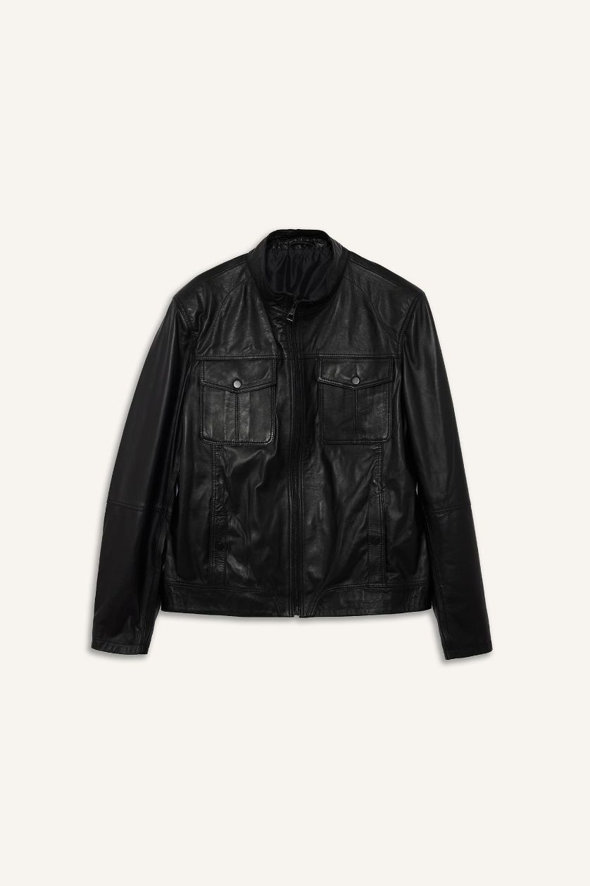 Erkek Siyah %100 Deri Premium Slim Fit Dar Kesim Dik Yaka Astarlı Fermuarlı Mont