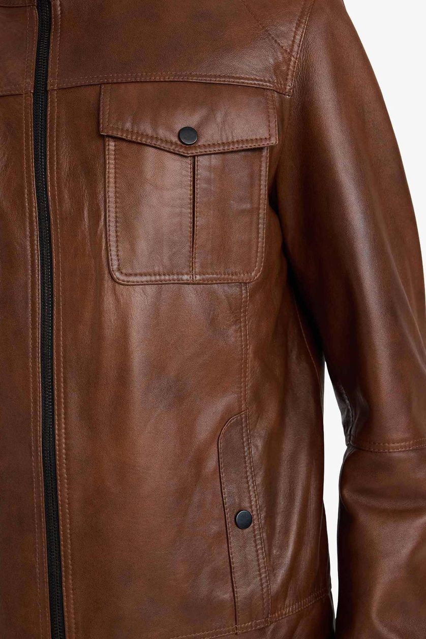 Erkek Kahve %100 Deri Premium Slim Fit Dar Kesim Dik Yaka Astarlı Fermuarlı Mont