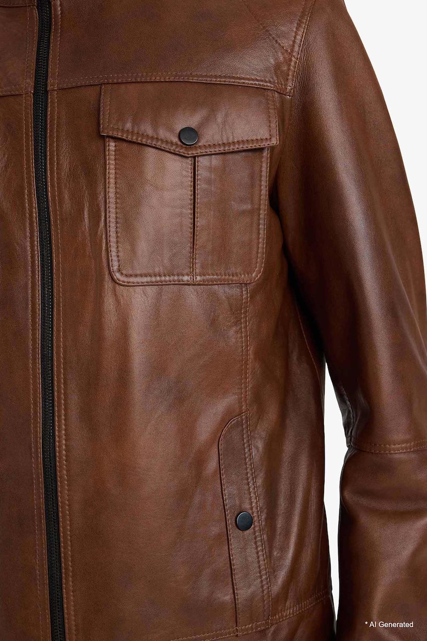 Erkek Kahve %100 Deri Slim Fit Dik Yaka Mont