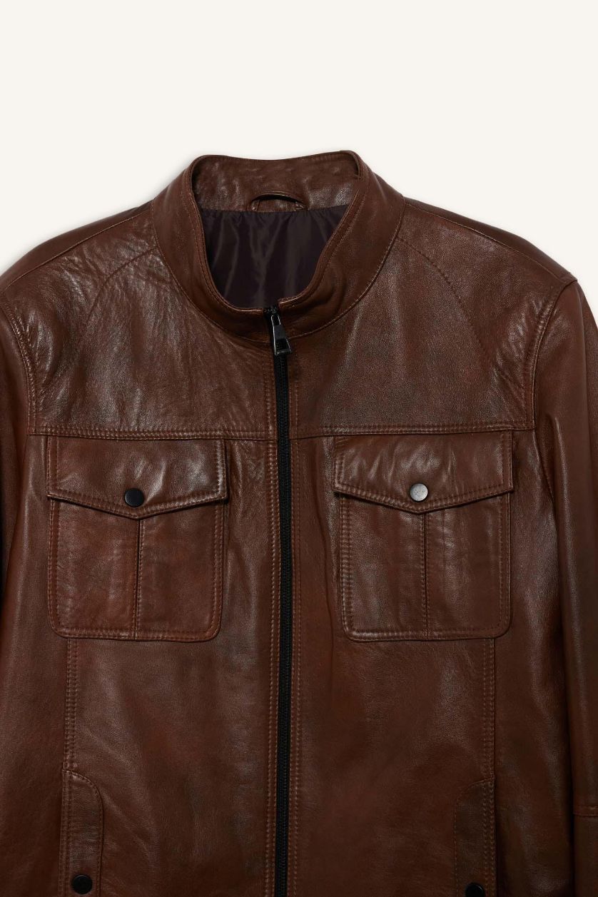 Erkek Kahve %100 Deri Premium Slim Fit Dar Kesim Dik Yaka Astarlı Fermuarlı Mont