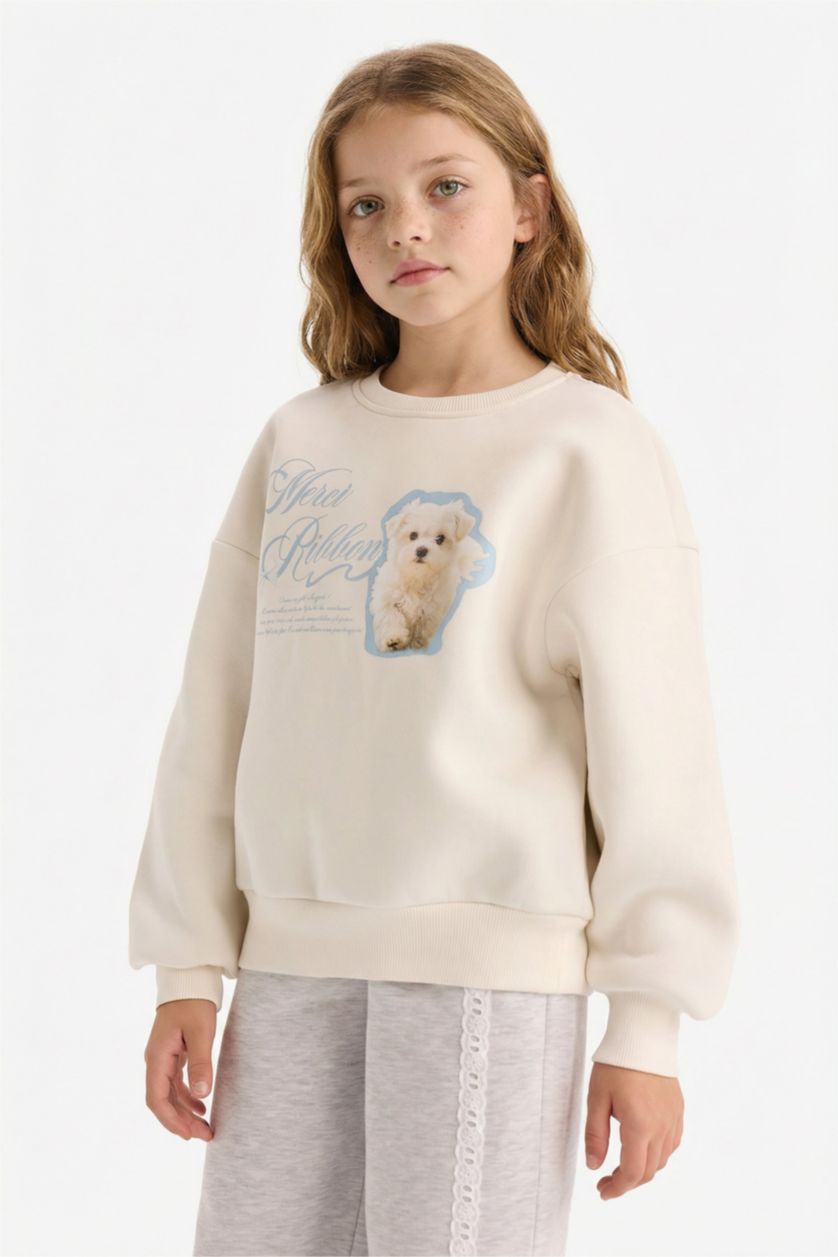 Kız Çocuk - Genç Kız Ekru Kız Çocuk 2'li Takım Baskılı Sweatshirt Eşofman Altı