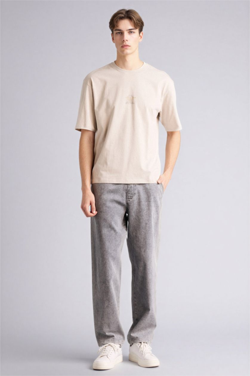 رجال اللون الحجري تيشيرت 100% قطن اوفر سايز مطبوع