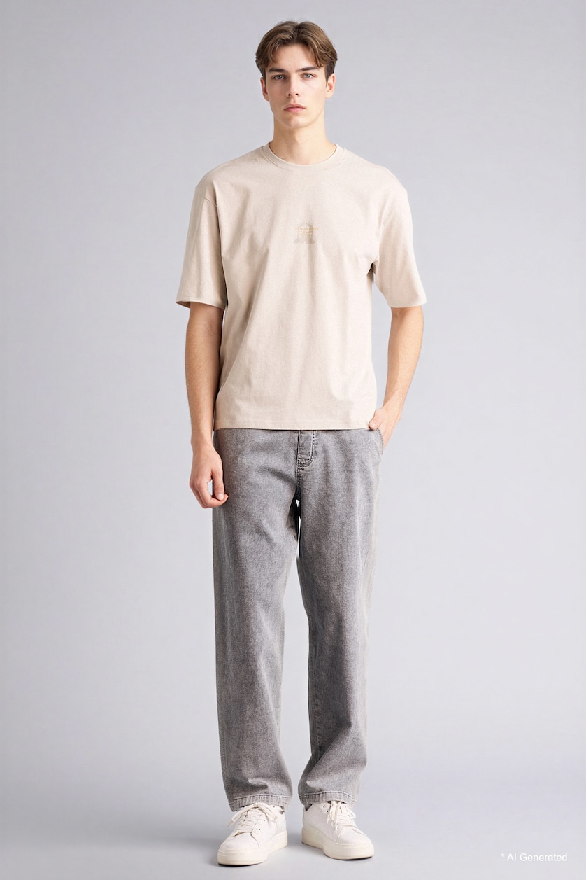Ерлер Сұр 100% мақта Boxy Fit баспалы футболка