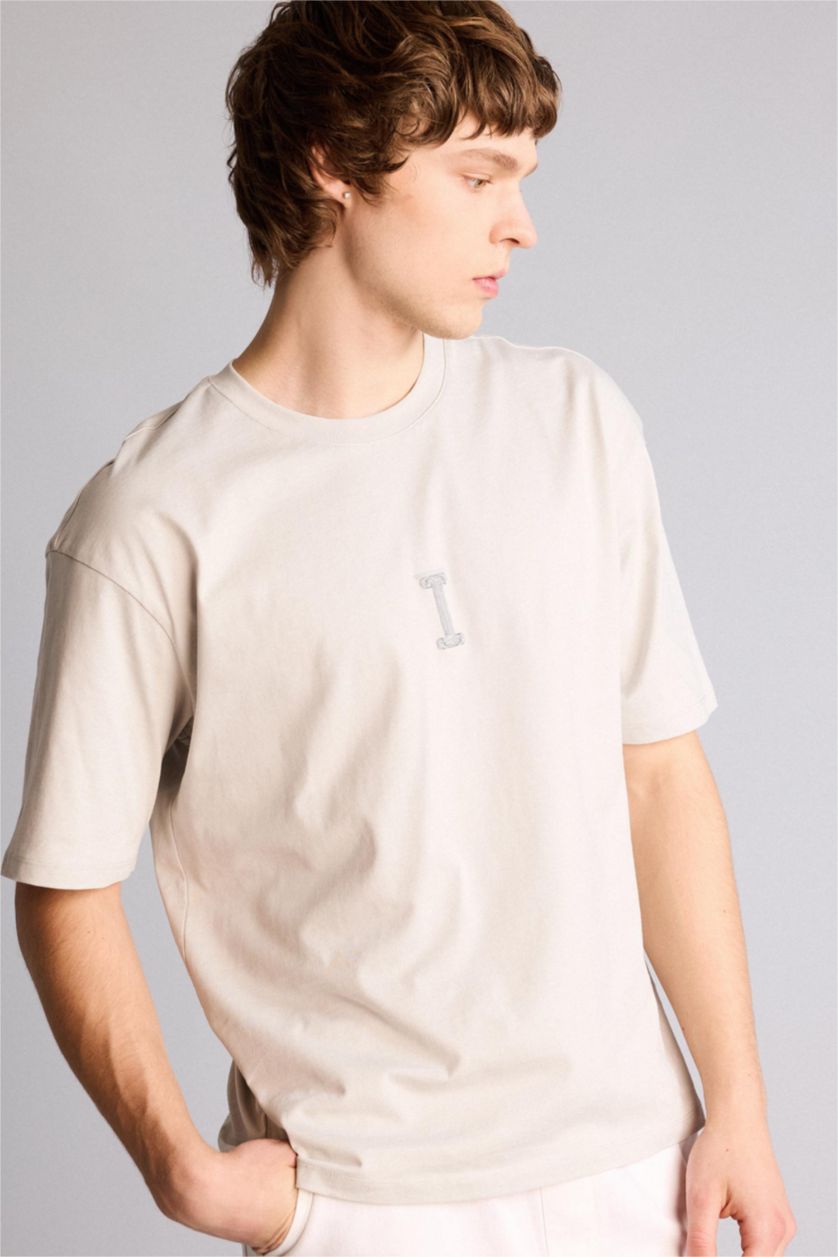 رجال اللون الحجري تيشيرت 100% قطن اوفر سايز مطبوع