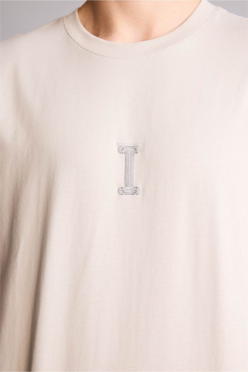 رجال اللون الحجري تيشيرت 100% قطن اوفر سايز مطبوع