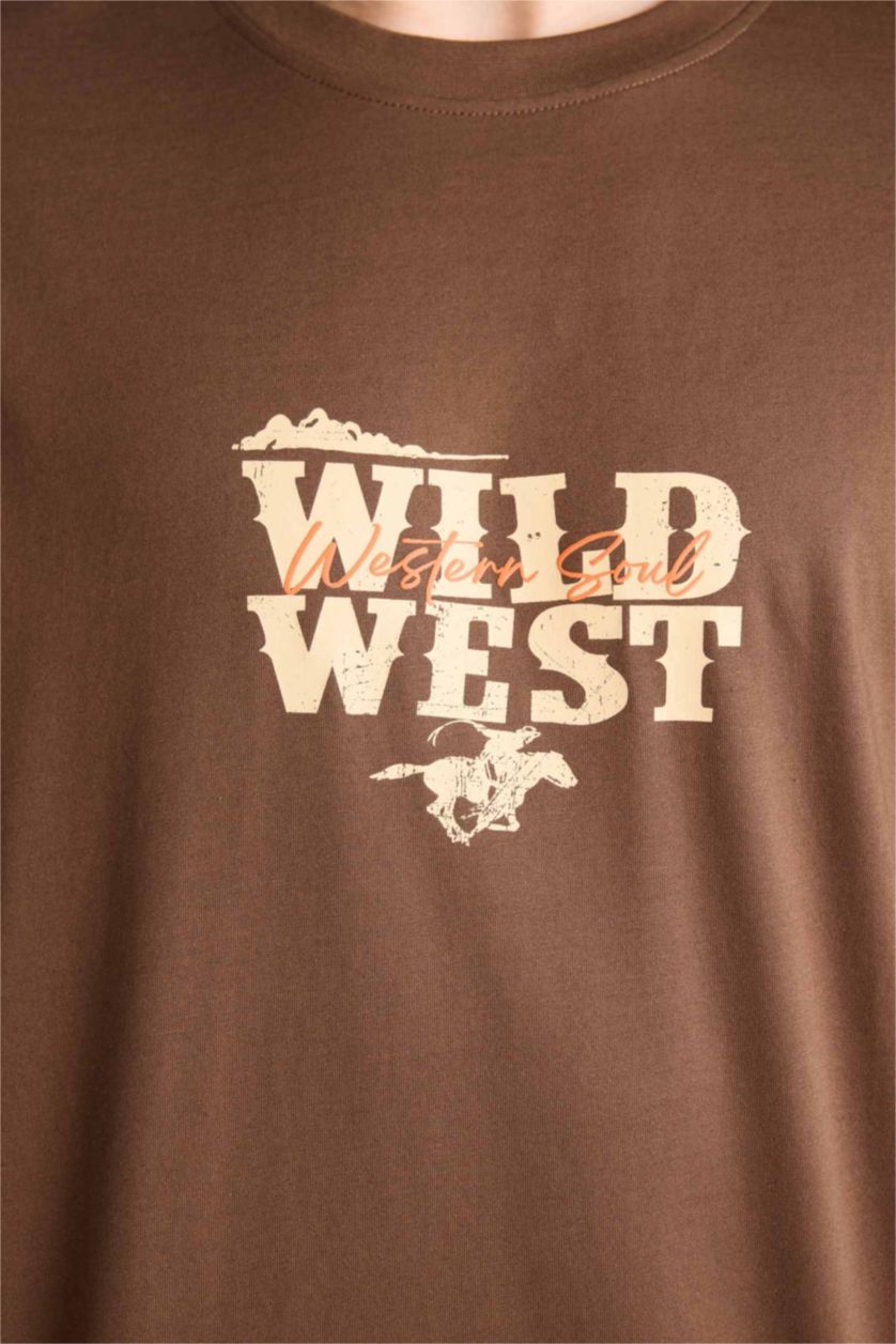 Мужчины Коричневый Футболка с принтом из 100% хлопка