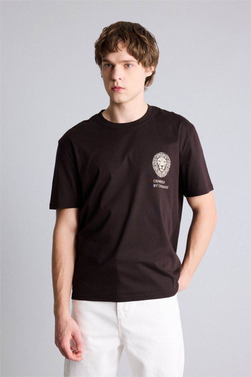 Erkek Kahve Regular Fıt Kısa Kollu Tişört