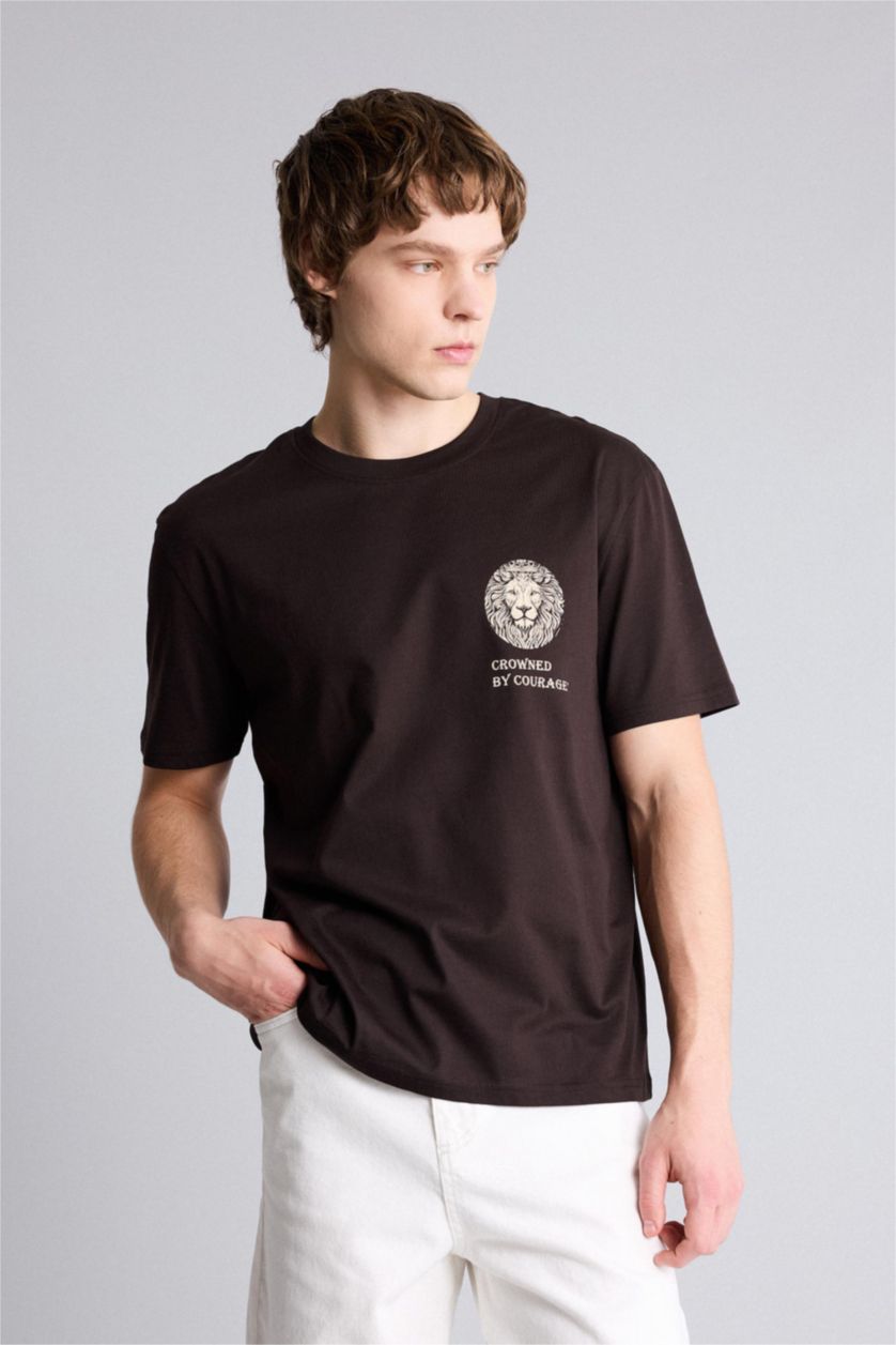 Erkek Kahve Regular Fıt Kısa Kollu Tişört