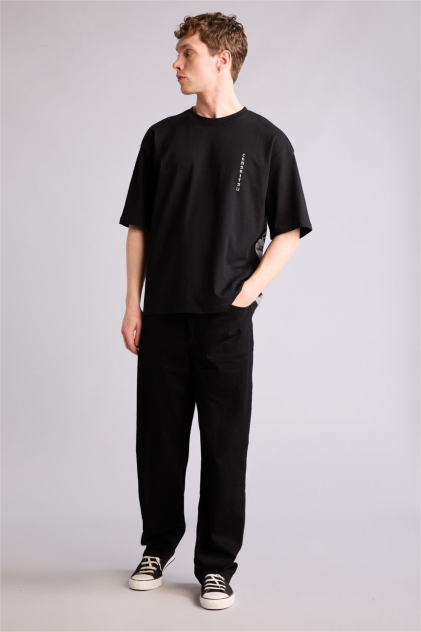 Ерлер қара 100% мақта Boxy Fit баспалы футболка