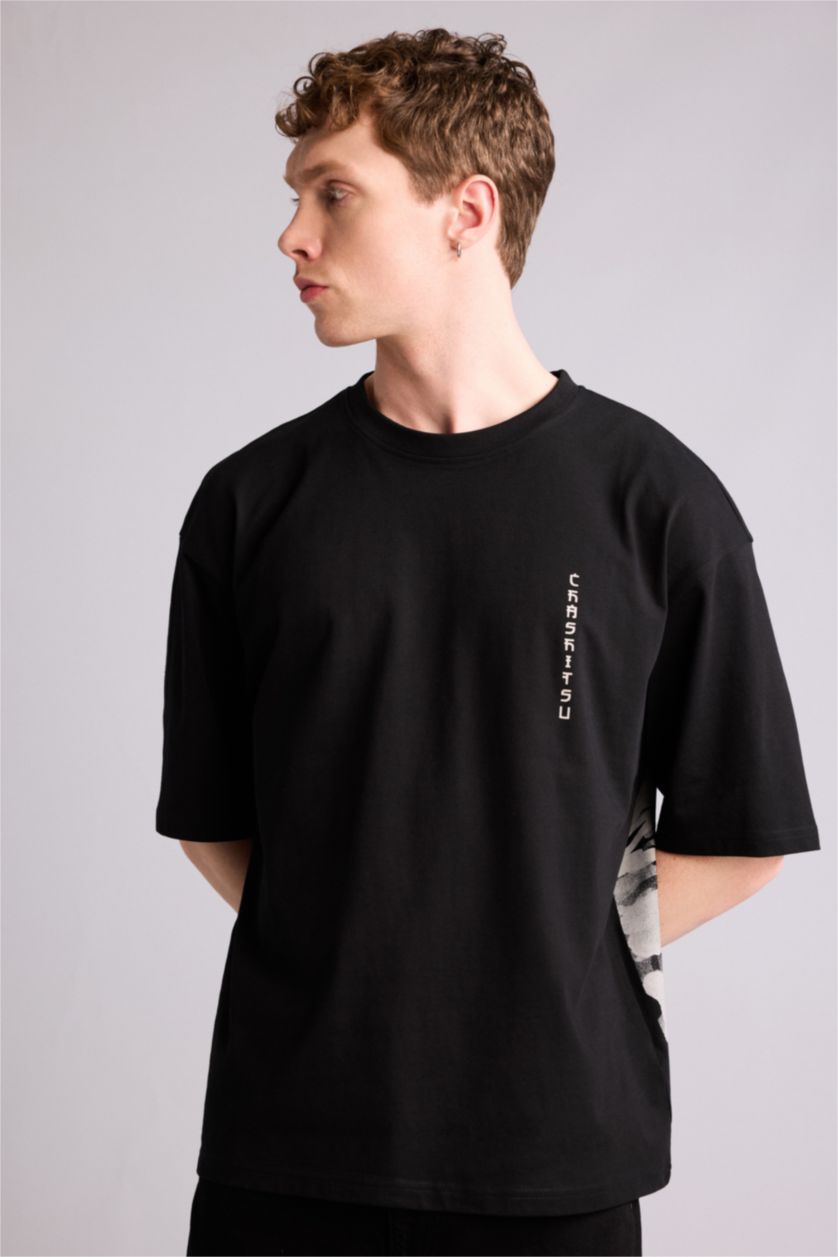 Ерлер қара 100% мақта Boxy Fit баспалы футболка