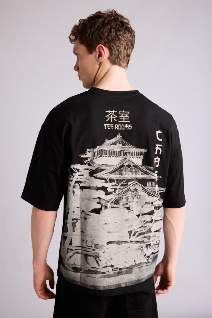 Ерлер қара 100% мақта Boxy Fit баспалы футболка