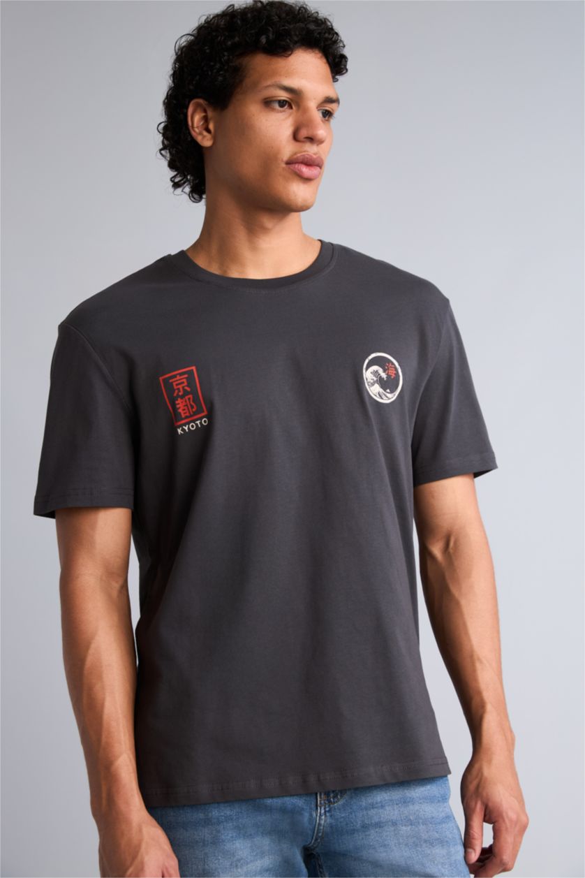 Erkek Antrasit Regular Fit Kısa kollu Baskılı Tişört