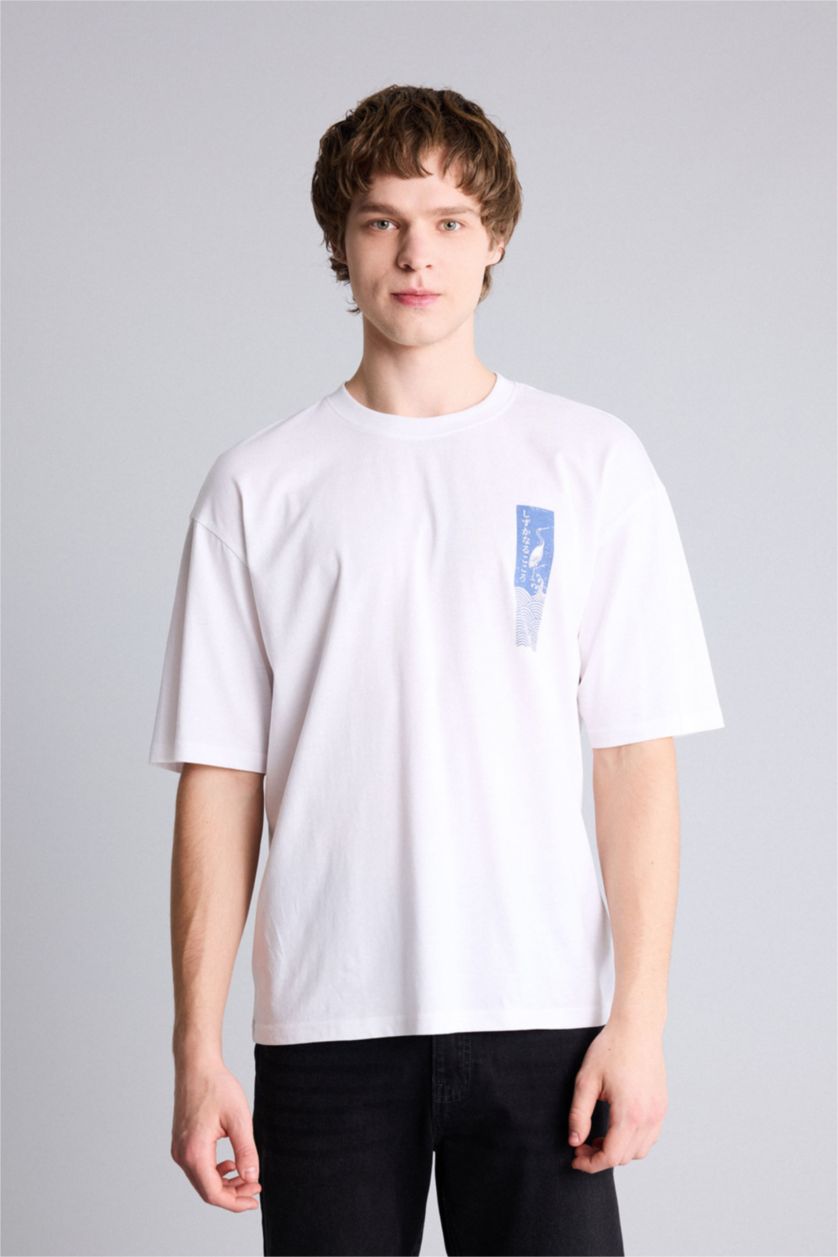 Ерлер ақ 100% мақта Boxy Fit баспалы футболка