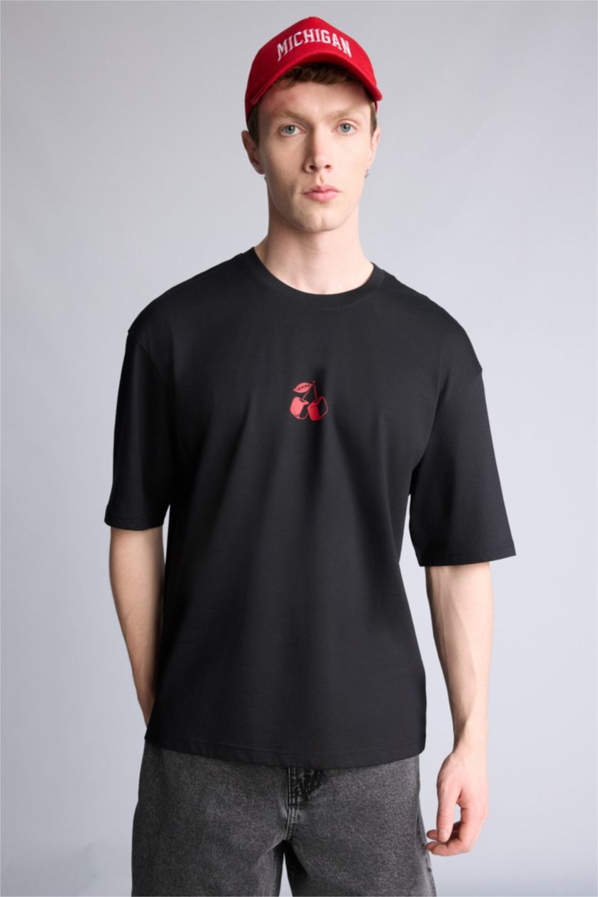 Ерлер қара 100% мақта Boxy Fit баспалы футболка