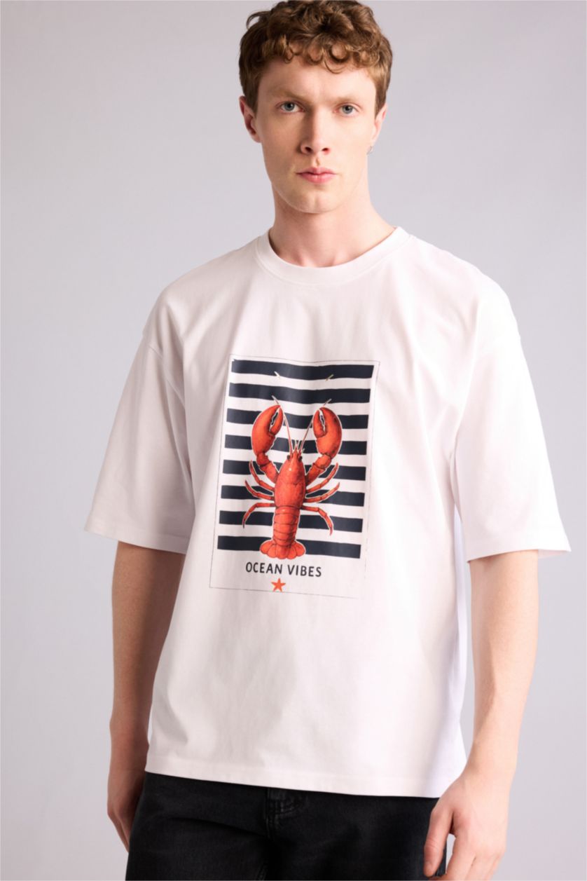 Ерлер ақ 100% мақта Boxy Fit баспалы футболка