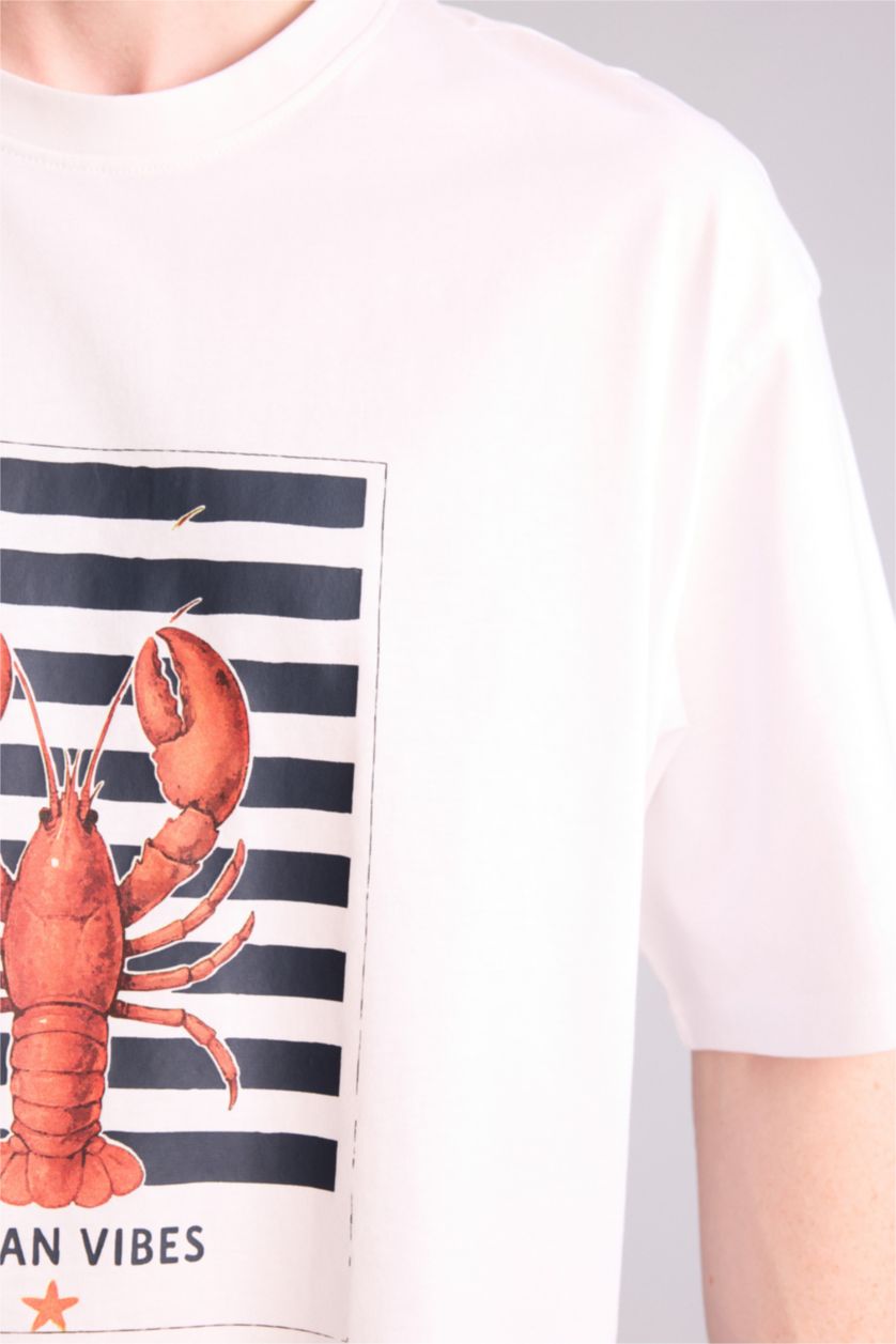 Ерлер ақ 100% мақта Boxy Fit баспалы футболка