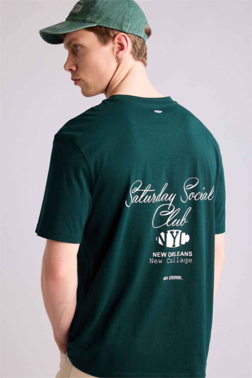 Ерлер Қою жасыл 100% мақта Boxy Fit баспалы футболка