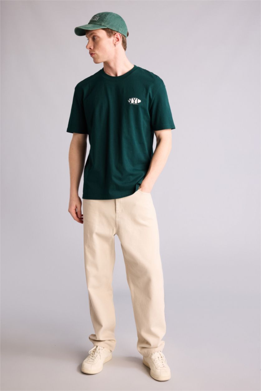 Ерлер Қою жасыл 100% мақта Boxy Fit баспалы футболка