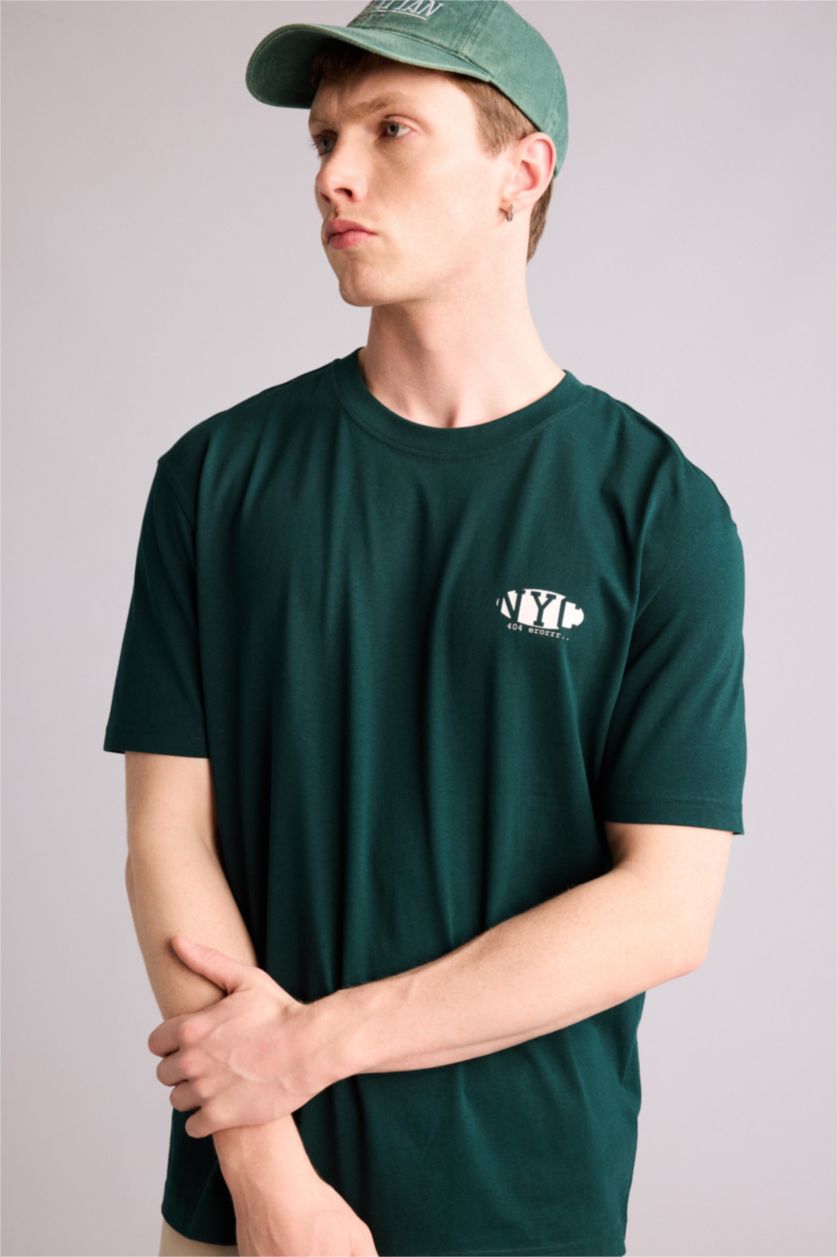 Ерлер Қою жасыл 100% мақта Boxy Fit баспалы футболка