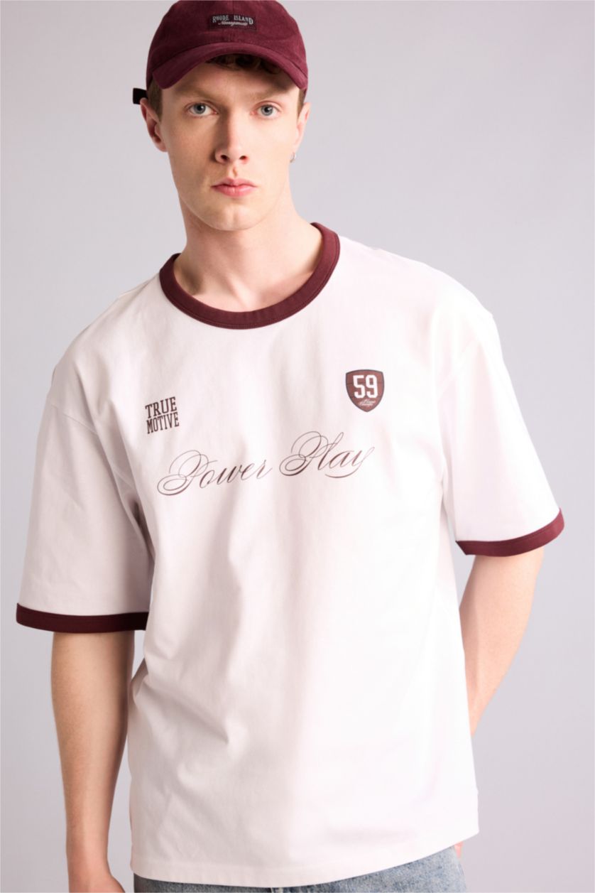 Erkek Beyaz %100 Pamuk Boxy Fit Baskılı Tişört