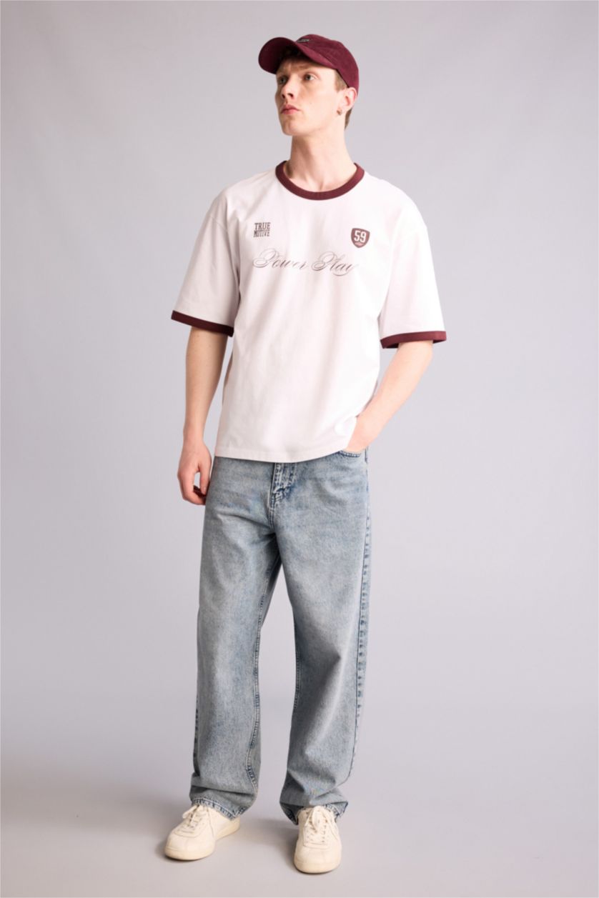 Erkek Beyaz %100 Pamuk Boxy Fit Baskılı Tişört