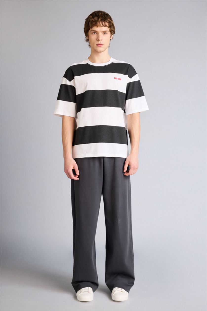 Ерлер қара 100% мақта Boxy Fit жолақты футболка