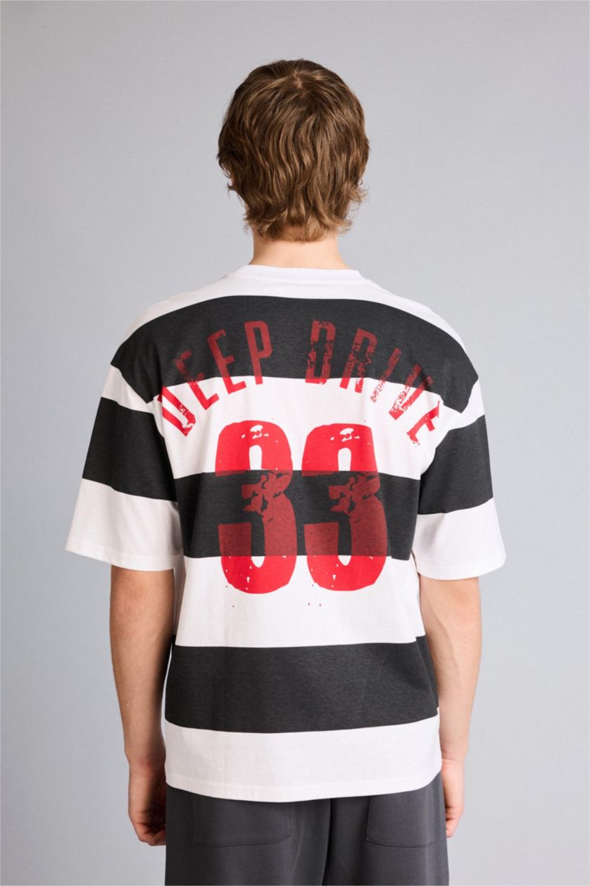 Ерлер қара 100% мақта Boxy Fit жолақты футболка