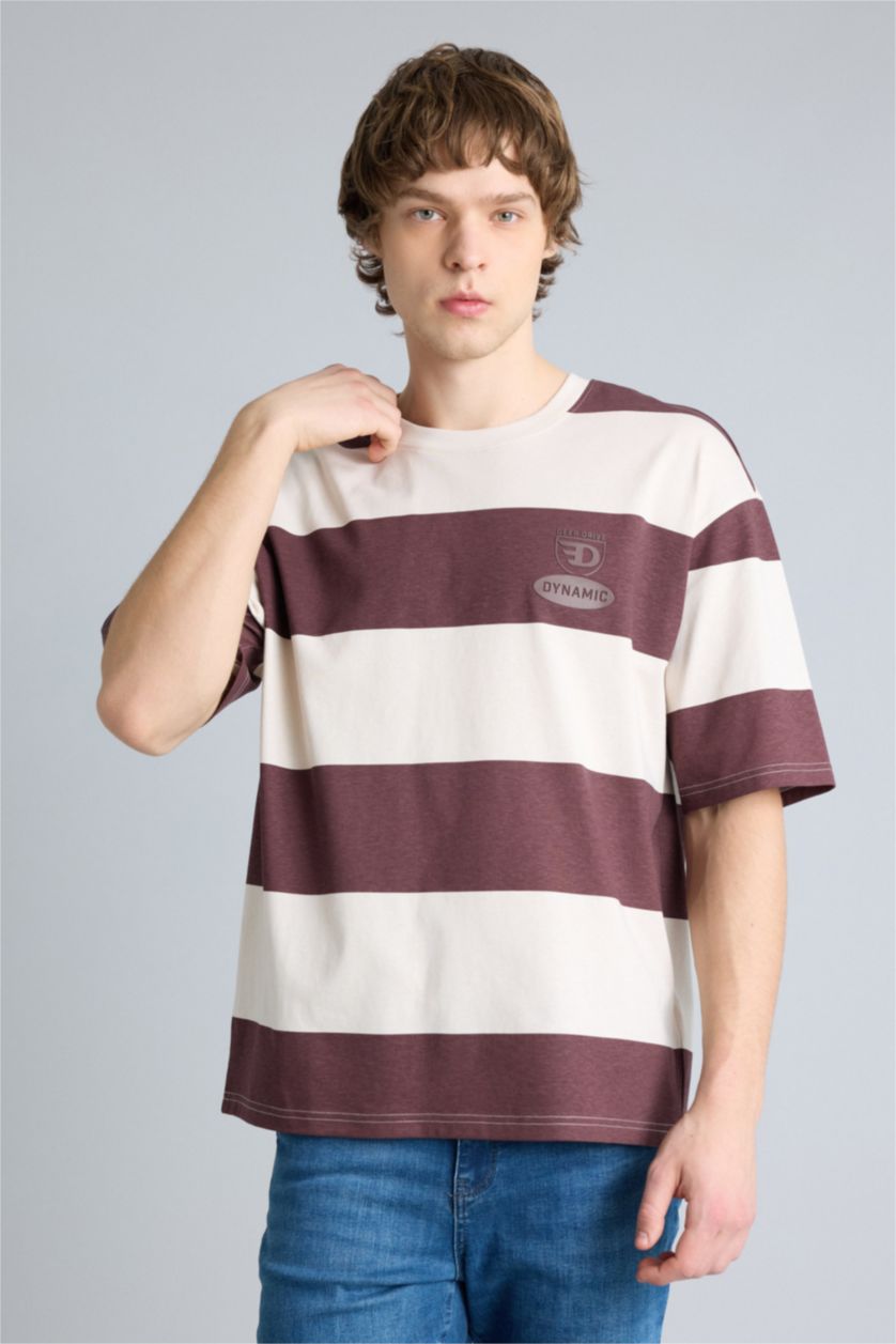 Ерлер Сұр 100% мақта Boxy Fit жолақты футболка