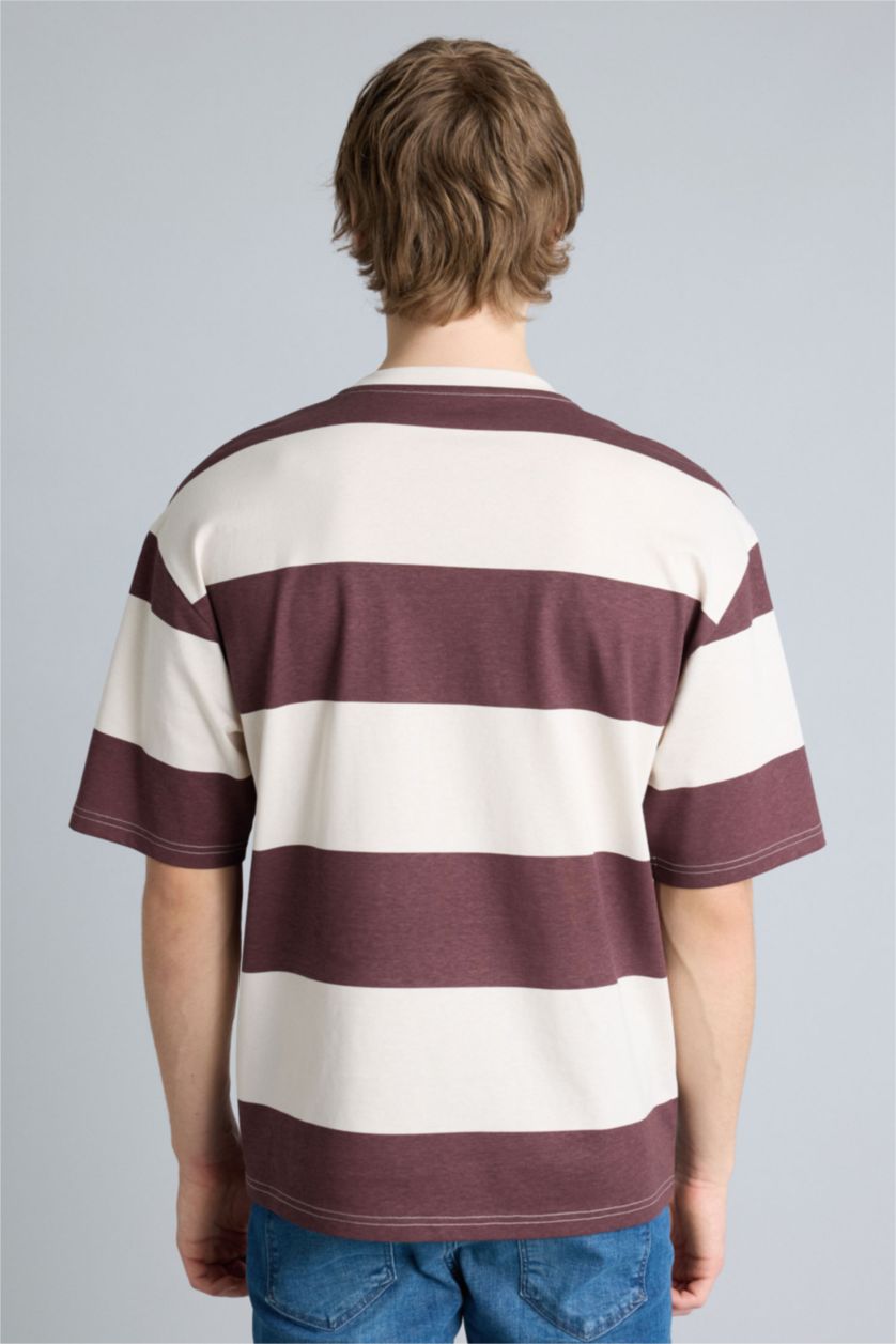 Ерлер Сұр 100% мақта Boxy Fit жолақты футболка