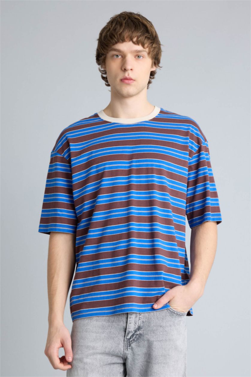 Ерлер Қоңыр 100% мақта Boxy Fit жолақты футболка