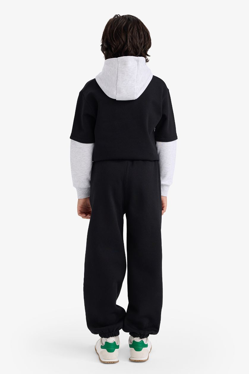 Erkek Çocuk - Genç Erkek Siyah Oversize Geniş Kalıp Beli Lastikli Baskılı Eşofman Altı Erkek Çocuk