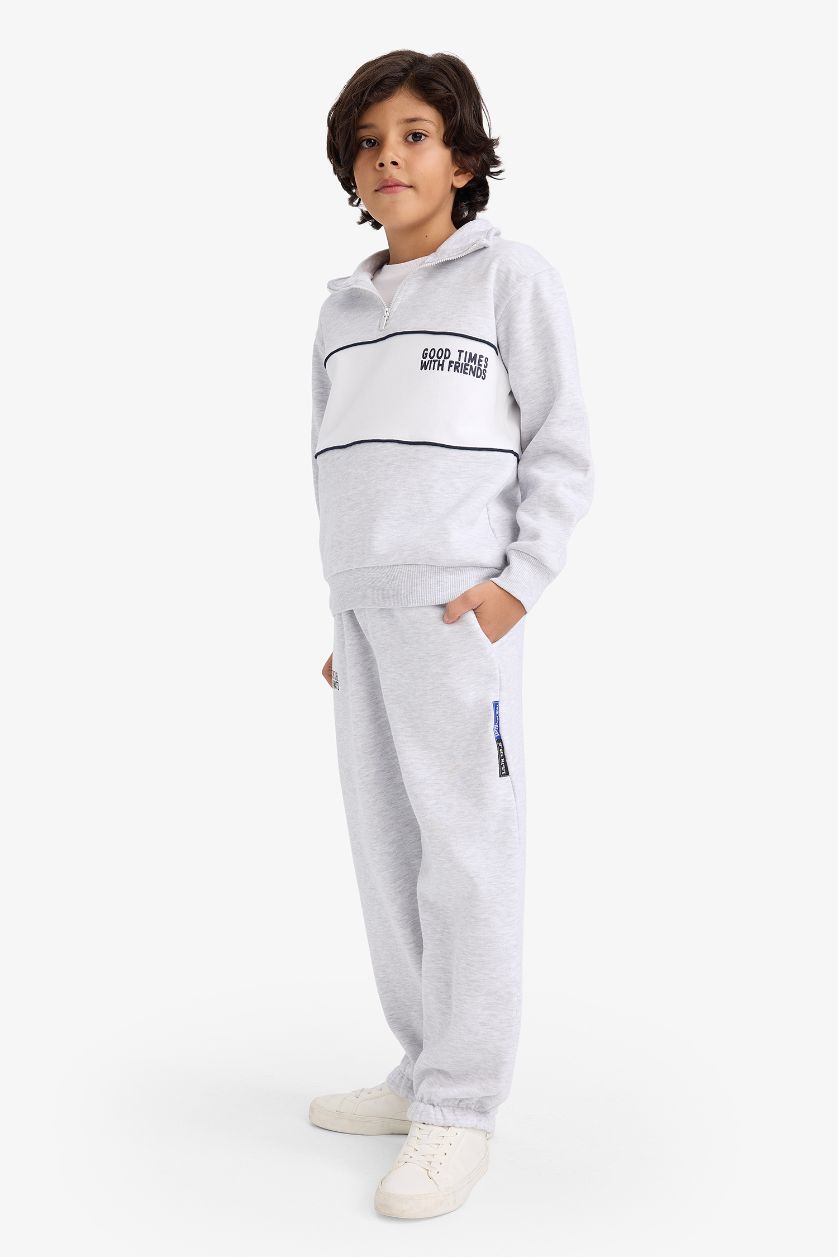 Erkek Çocuk - Genç Erkek Optik Gri Melanj Oversize Geniş Kalıp Beli Lastikli Baskılı Eşofman Altı Erkek Çocuk