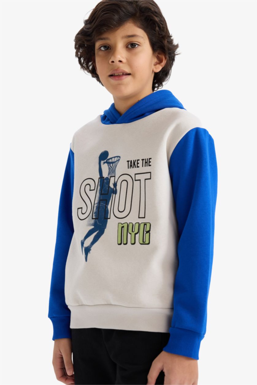 Erkek Çocuk - Genç Erkek Açık Gri Kapüşonlu Baskılı İçi Yumuşak Tüylü Sweatshirt Erkek Çocuk