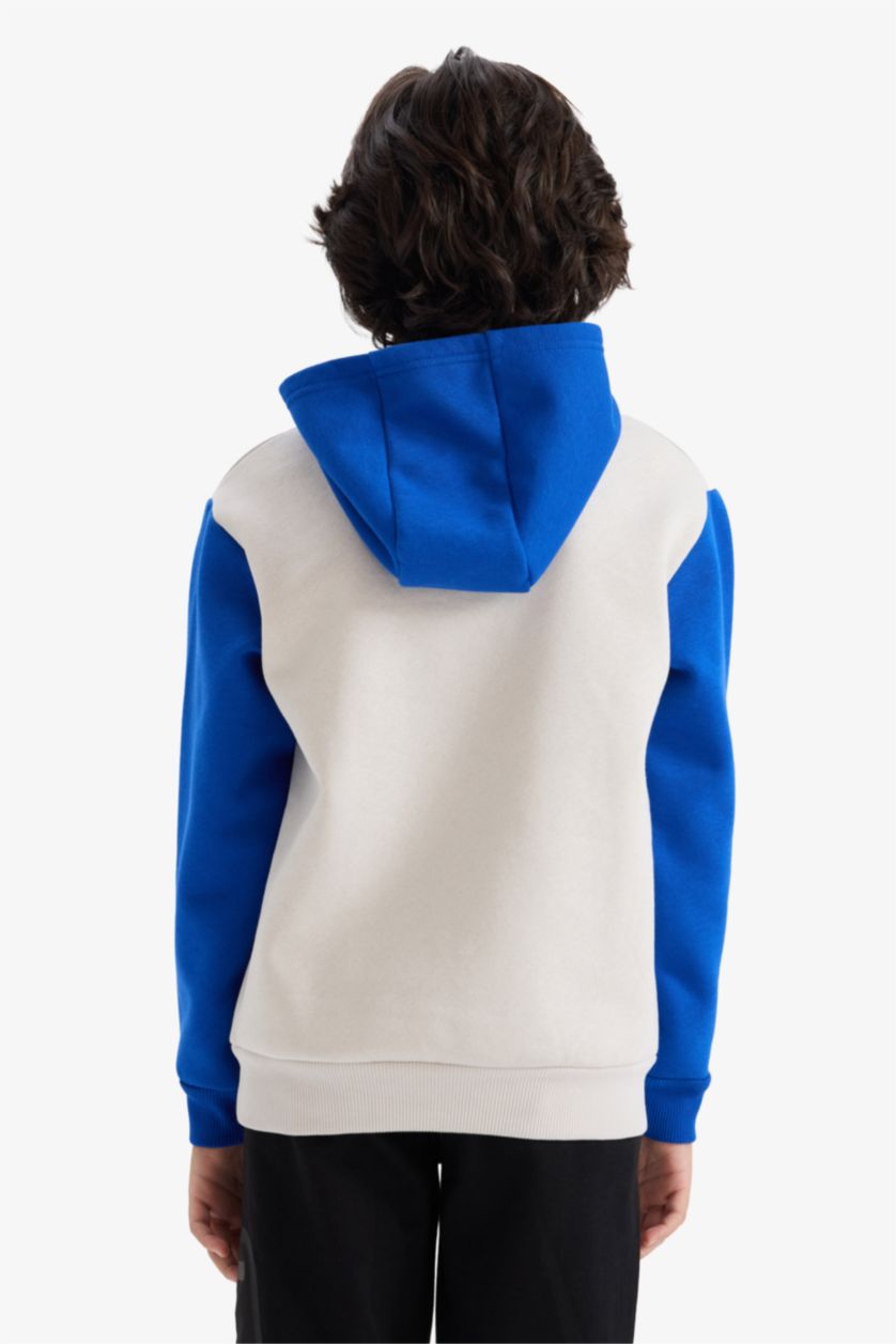 Erkek Çocuk - Genç Erkek Açık Gri Kapüşonlu Baskılı İçi Yumuşak Tüylü Sweatshirt Erkek Çocuk