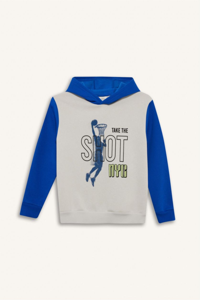 Erkek Çocuk - Genç Erkek Açık Gri Kapüşonlu Baskılı İçi Yumuşak Tüylü Sweatshirt Erkek Çocuk