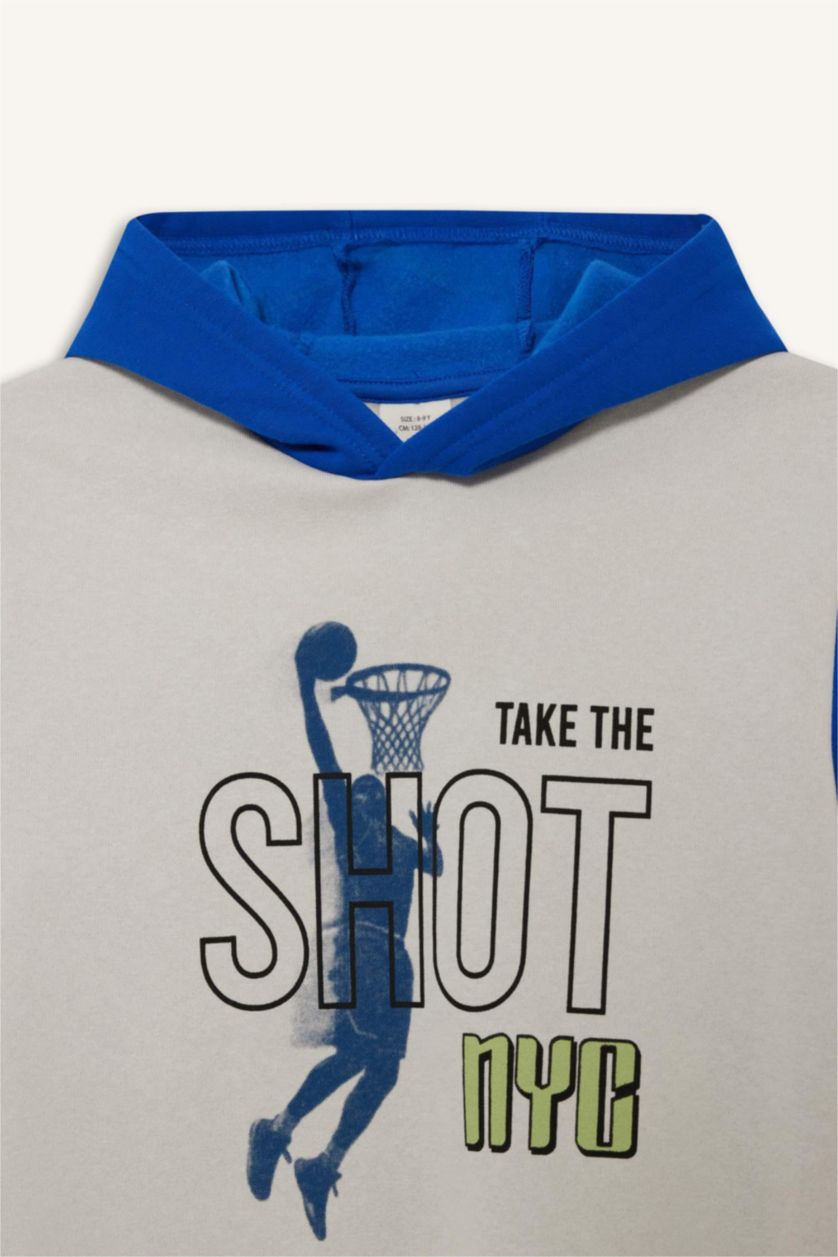 Erkek Çocuk - Genç Erkek Açık Gri Kapüşonlu Baskılı İçi Yumuşak Tüylü Sweatshirt Erkek Çocuk