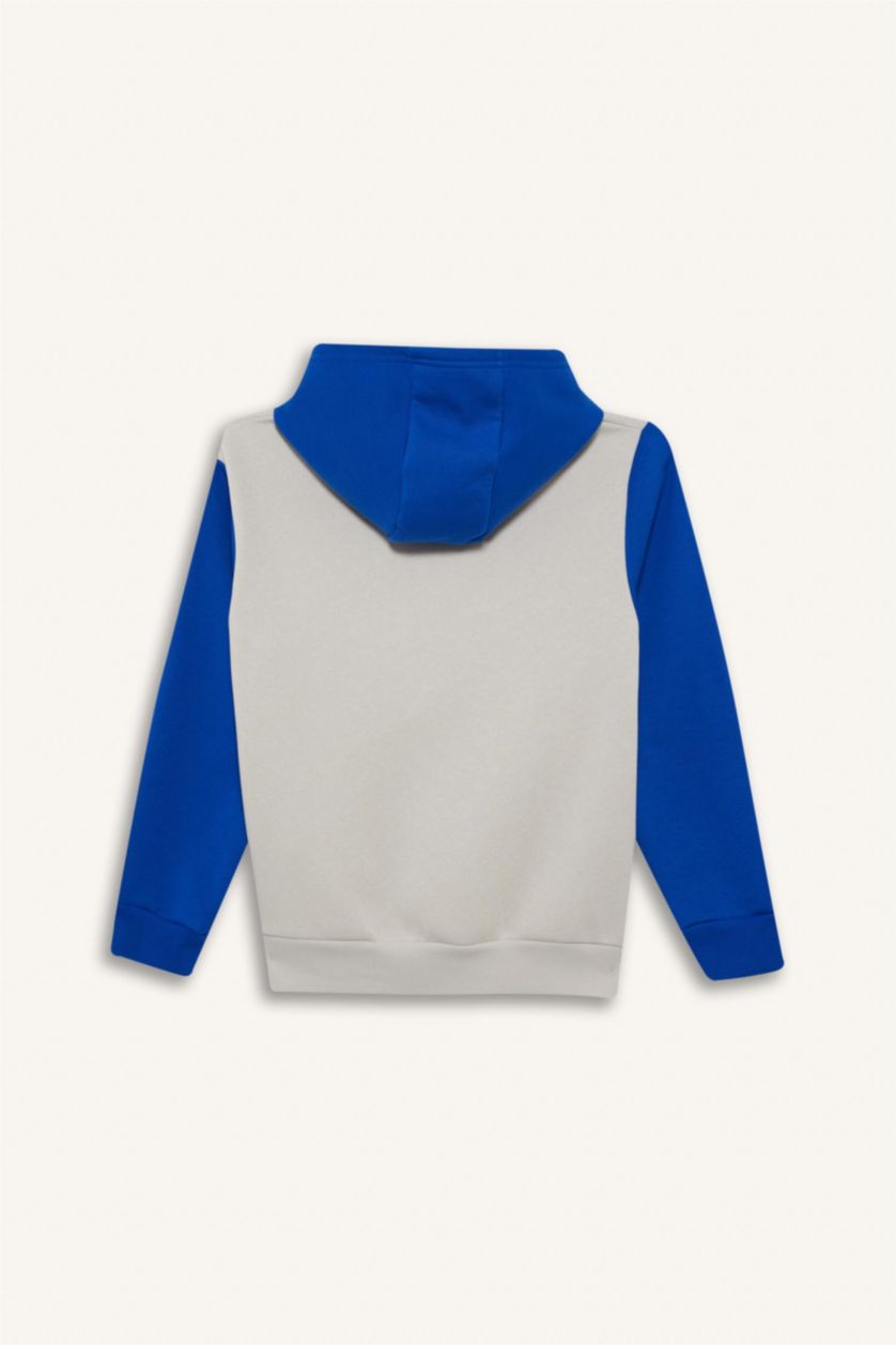 Erkek Çocuk - Genç Erkek Açık Gri Kapüşonlu Baskılı İçi Yumuşak Tüylü Sweatshirt Erkek Çocuk