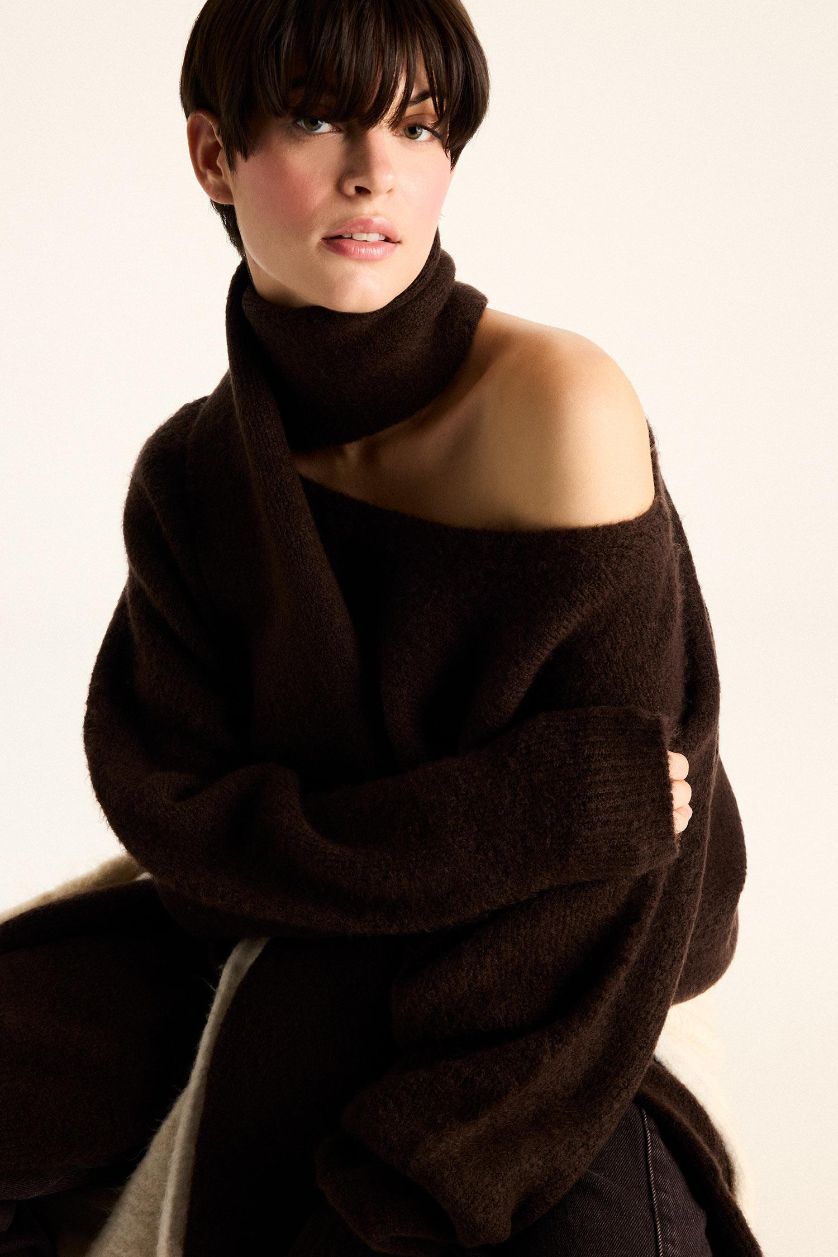 Woman Brown Regular Fit Boat Collar Pullover