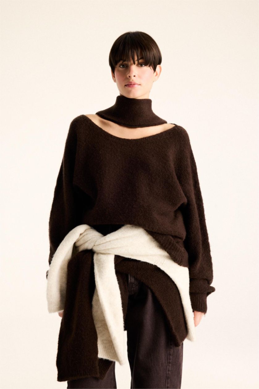 Woman Brown Regular Fit Boat Collar Pullover