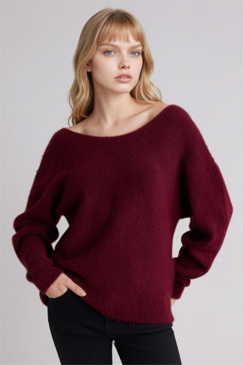 Kadın Bordo Regular Fıt Kayık Yaka Kazak